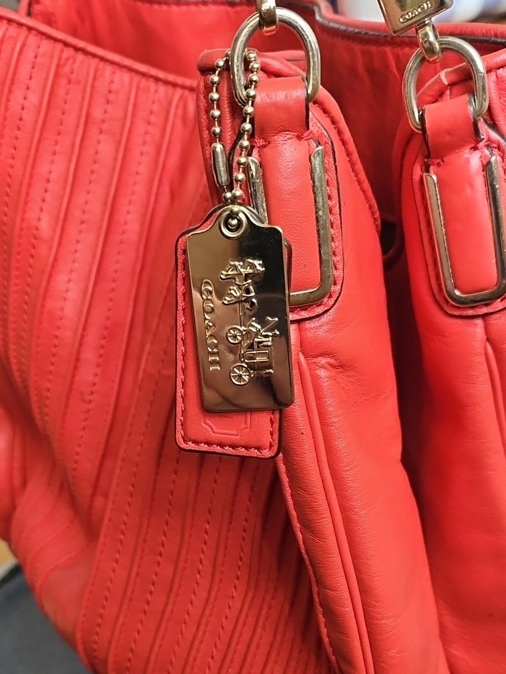 Coach Coral-Red Leather Shoulder Bag with Gold Tag